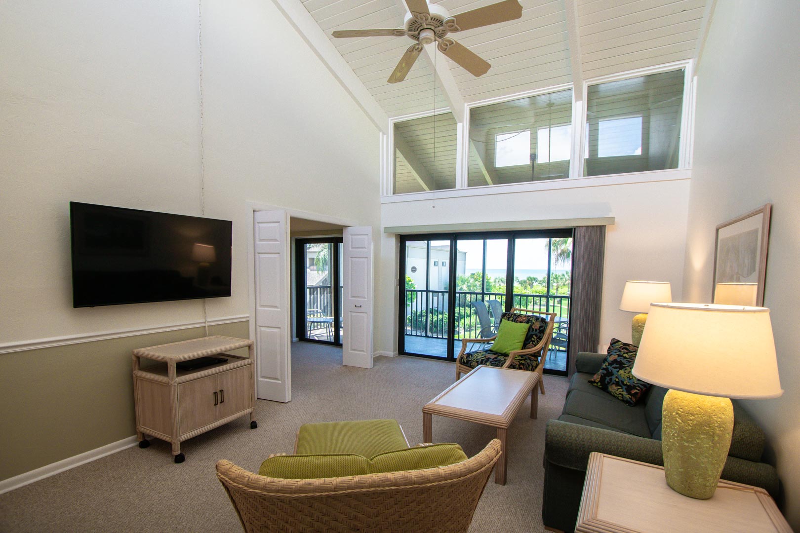 An airy living room area at VRI's Sanibel Beach Club in Sanibel Island, Florida.